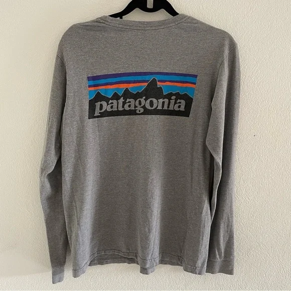 Patagonia Men's Cotton Gray Spell Out Logo Print Long Sleeve T Shirt Size Small - Picture 2 of 7